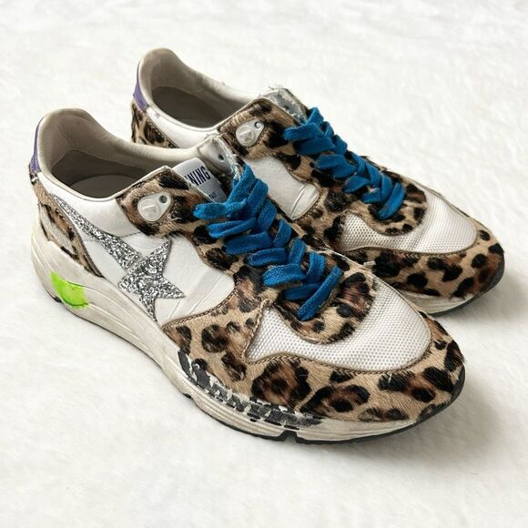 Golden Goose Running Calf Hair Sneaker Leopard Pony Silver Glitter Star Size 37 - Picture 1 of 14